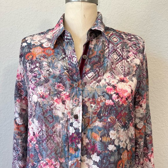JOHNNY WAS 3J WORKSHOP Floral Print Velvet Button Down Tunic Top Multi - Picture 2 of 10
